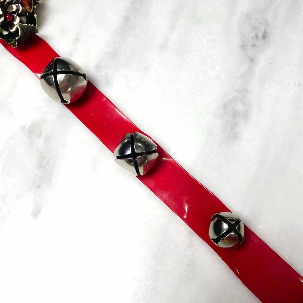Vintage Sleigh Bell Door Hanger Red Vinyl Strap Jingle MCM Christmas Pinecones